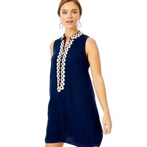 Lilly Pulitzer Jane Shift Dress, Timeless True Navy Gold Trim Zipper Sleeveless